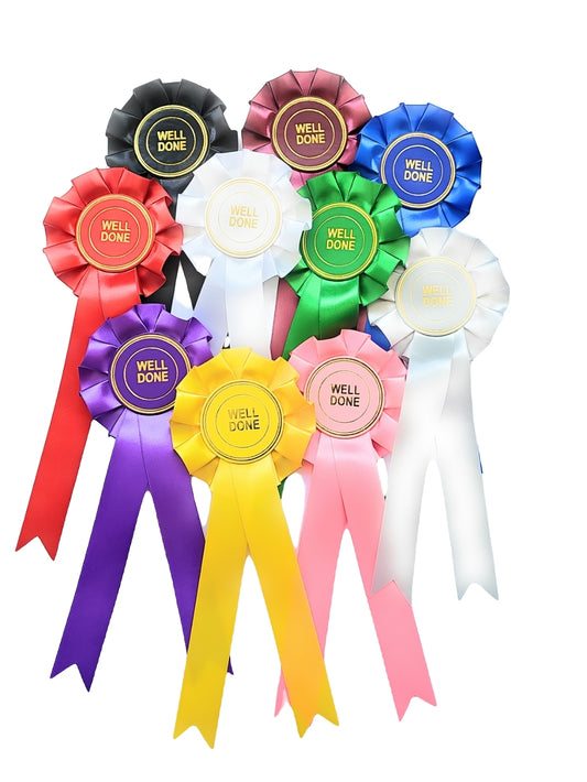 24 X 1 Tier Well done Rosettes in Mixed colours 25mm Ribbon Rosette Pins