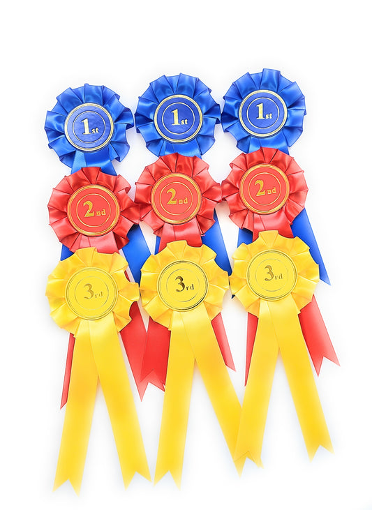 12 X 1 Tier 1st to 3rd Rosettes 25mm Ribbon Rosette Pins School Prizes